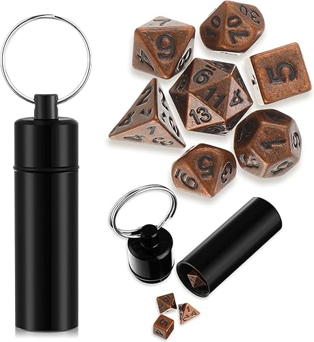 Miniatura 1 de Syhood Juego de 7 dados pequeños de metal pequeño con estuche de dados poliédricos portátiles, llavero de dados antiguos para juegos de rol, juego