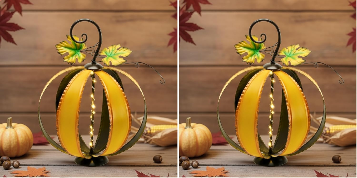 TERESA'S COLLECTIONS Fall Decor, Pumpkin Decor, Large Orange Pumpkin Decor with Light, Metal Outdoor Garden Statue, Pumpkin Fall Thanksgiving Gifts, Indoor/Outdoor (Pack of 2)