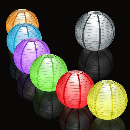 Miniatura 5 de 12 linternas de papel plateadas con 12 luces LED blancas, de 6, 8, 10, 12 pulgadas, redondas, para colgar en la bola chinajaponesa para Año Nuevo,