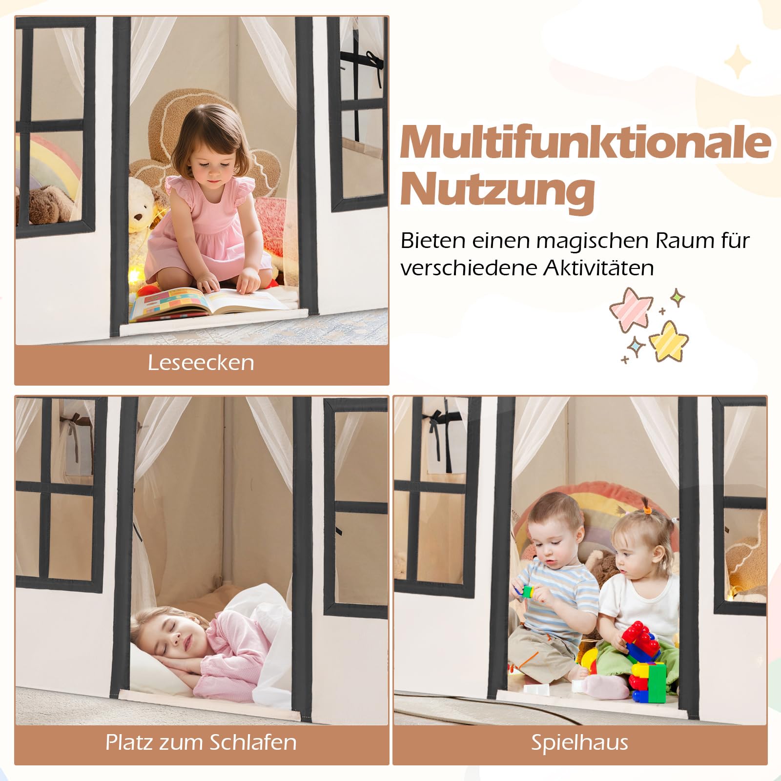 COSTWAY Kinderspielhaus mit Sternenlichtern, Prinzessin Prinzess Kinderzelt mit Fenstern & Netzvorhängen, Kinderspielzelt Spielzelt Spielhaus für Jungen und Mädchen (Beige)