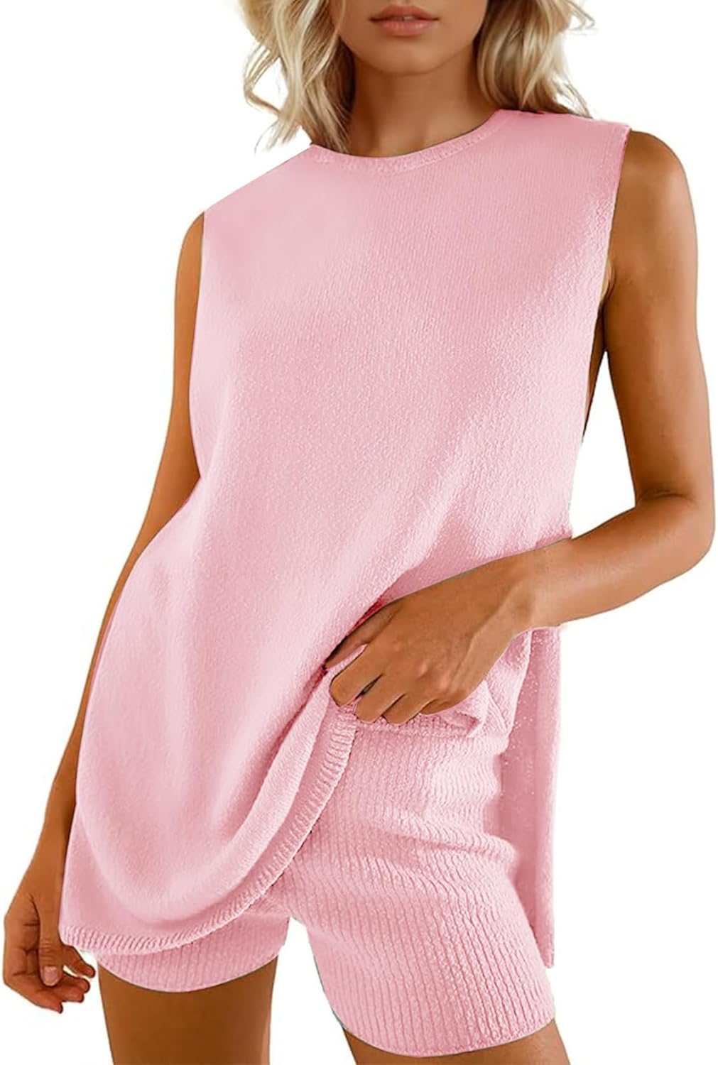 Wyeysyt 2 Piece Sets for Women Summer, Sweater Set Sleeveless Tunic Top and Shorts Beach Vacation Sets Tracksuits