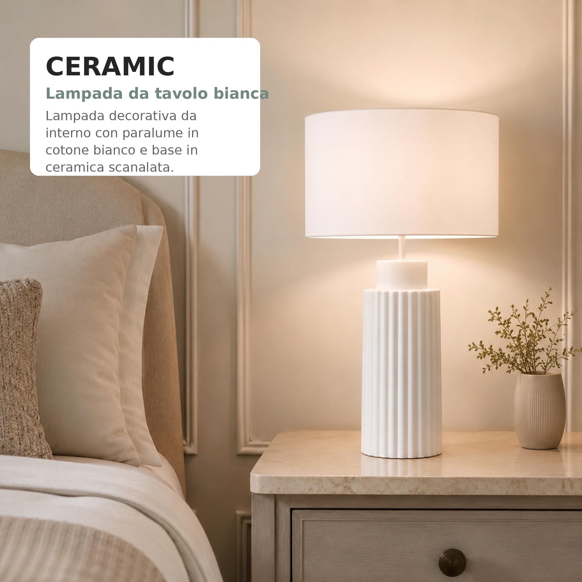 Novolux Lighting CERAMIC Lámpara de Mesa E27 15W Blanca | Pantalla de Algodón Blanco, Base de Cerámica, Diseño Clásico, Para Dormitorio, Salón y Zona de Lectura