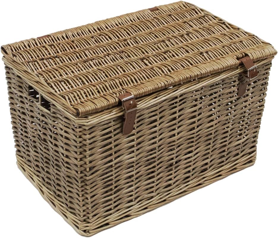 JVL Handmade Buff Wicker Hampers with Faux Leather Straps, Large