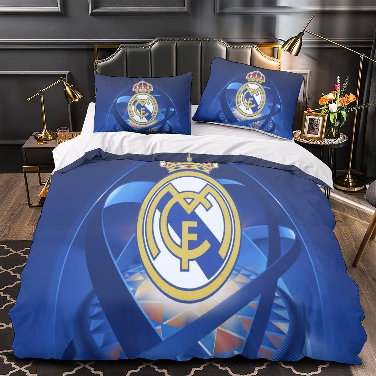Equipo de Fútbol Real Madrid Juego de Funda Nórdica Cama de 90cm Funda de Edredón de Microfibra Suave con 2 Fundas de Almohada 50x75