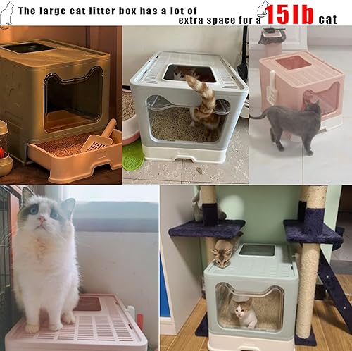Miniatura 8 de Hamiledyi Caja de arena plegable grande para gatos con entrada superior con cajón, inodoro para gatos antisalpicaduras con tapa, incluye pala y Gris