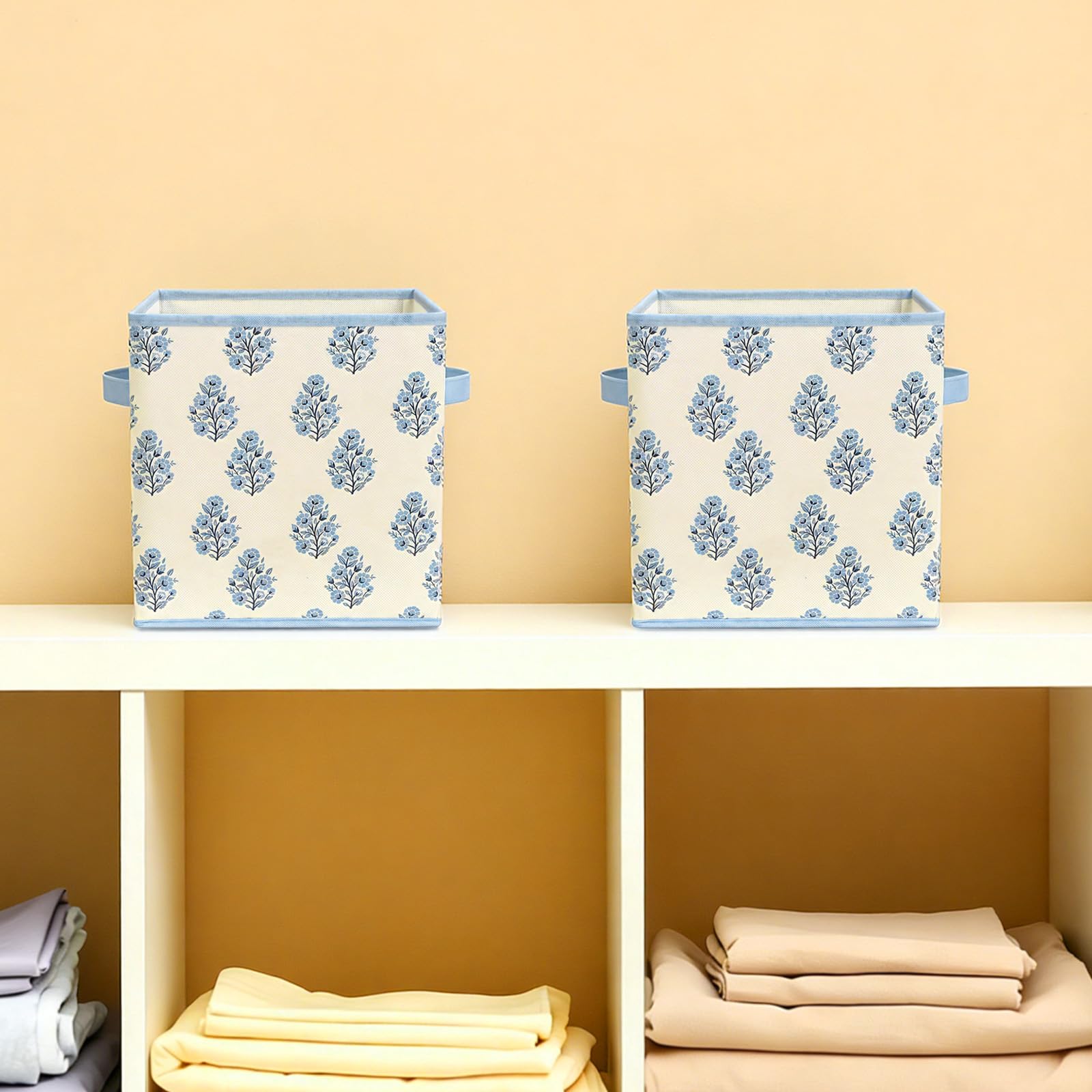 Bokon Aufbewahrungskörbe mit Blumenmuster, 27,9 cm, blau, mit Griffen, blaue Blume, Stoff, Aufbewahrungskörbe, faltbar, für Zuhause, Büro, Klassenzimmer, Regale, Schränke, Kleidung, 6 Stück