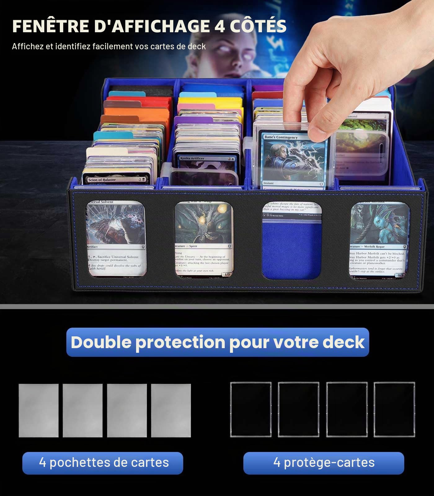 MoKo Boîte de Rangement pour Cartes à Collectionner, 3000+ Cartes MTG avec 24 Séparateurs & 4 Supports de Carte, Étui de Cartes avec Fenêtre d'Affichage pour Carte de Jeu Magiques, YugiOh, Noir+Bleu