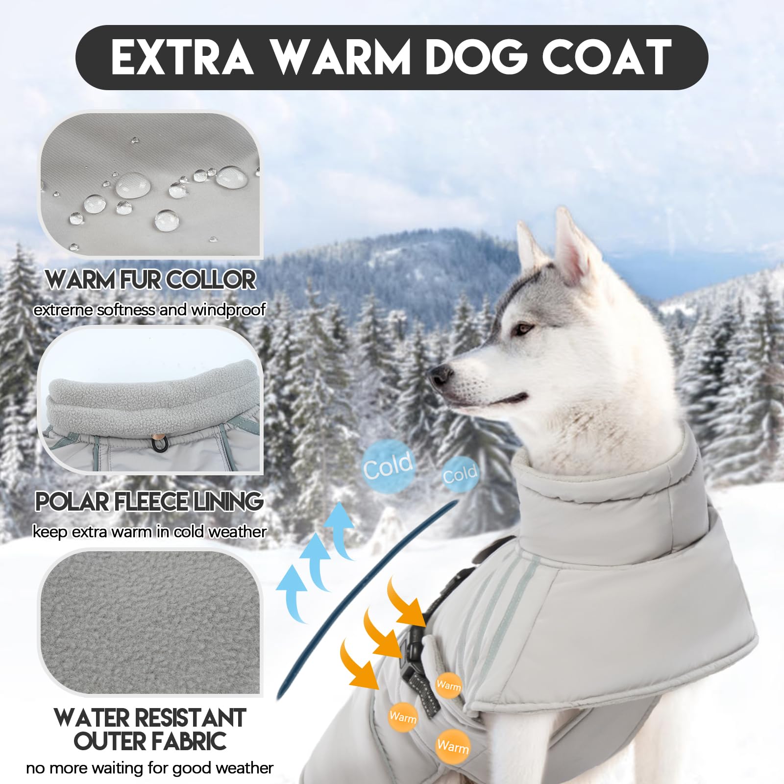 Manteau chaud pour chien, veste d'hiver réfléchissante et réglable, à col roulé en fourrure épaisse, imperméable et coupe-vent, pour temps froid, avec boucle pour chiot, chiens de petite,