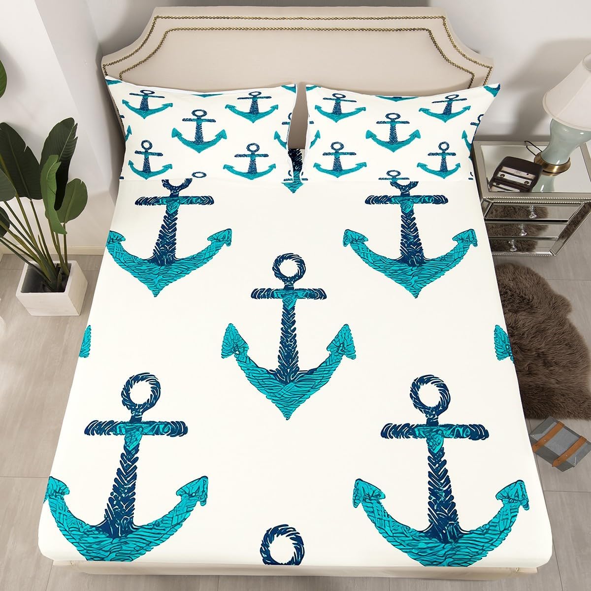 Erosebridal Nautical Anchors Fitted Sheet Full Sea Adventure Fitted Sheet for Young Vintage Hand Drawn Ocean Theme Sheets Cartoon Geometric Blue Deep Pocket Bed Set