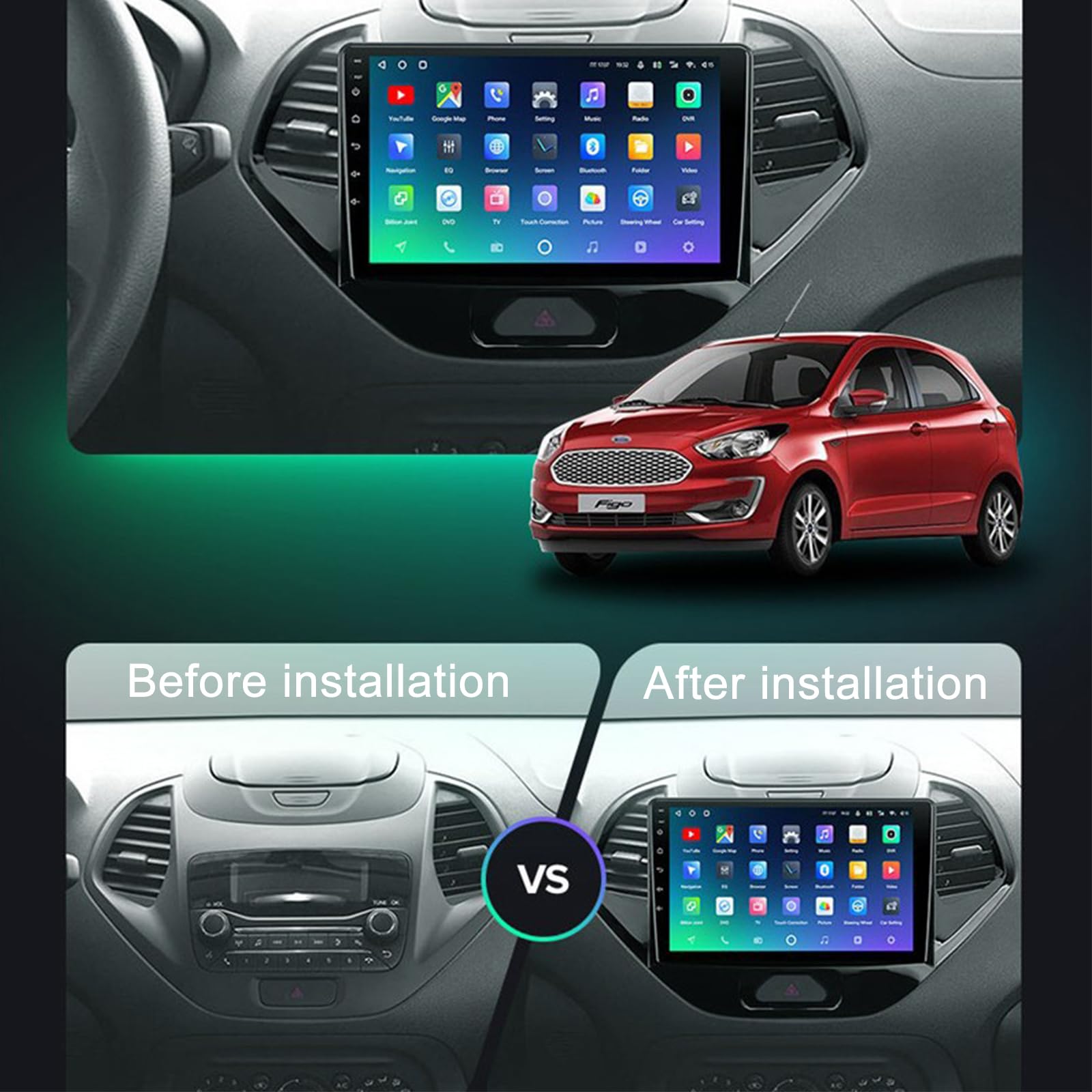 Radio samochodowe z nawigacją do Ford Figo (2015–2018) – system Android 15, 9-calowy ekran dotykowy, bezprzewodowe CarPlay i Android Auto, Bluetooth, nawigacja GPS, FM, SWC oraz kame(Size:4Core 1+32G)