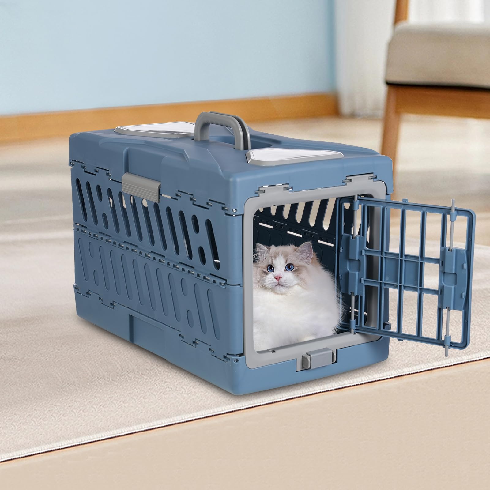 Trasportino gatto grande, pieghevole, con imbottitura in rete antiscivolo, per cani e gatti, colore: blu