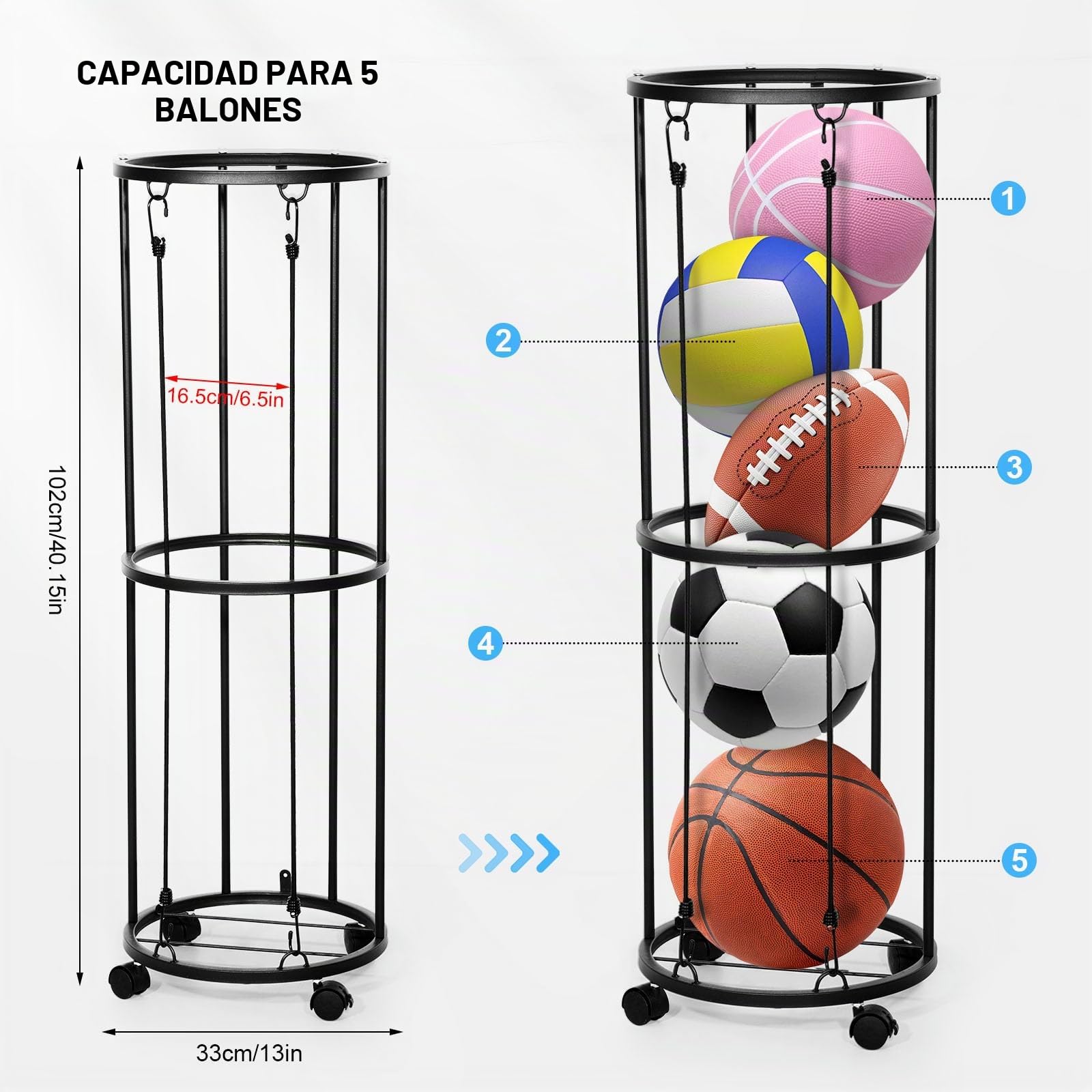 Soporte de Pared para Pelotas de Fútbol, Organizador de Garaje para Equipos Deportivos, Soporte Desmontable con Ruedas y Almacenamiento de Bolas