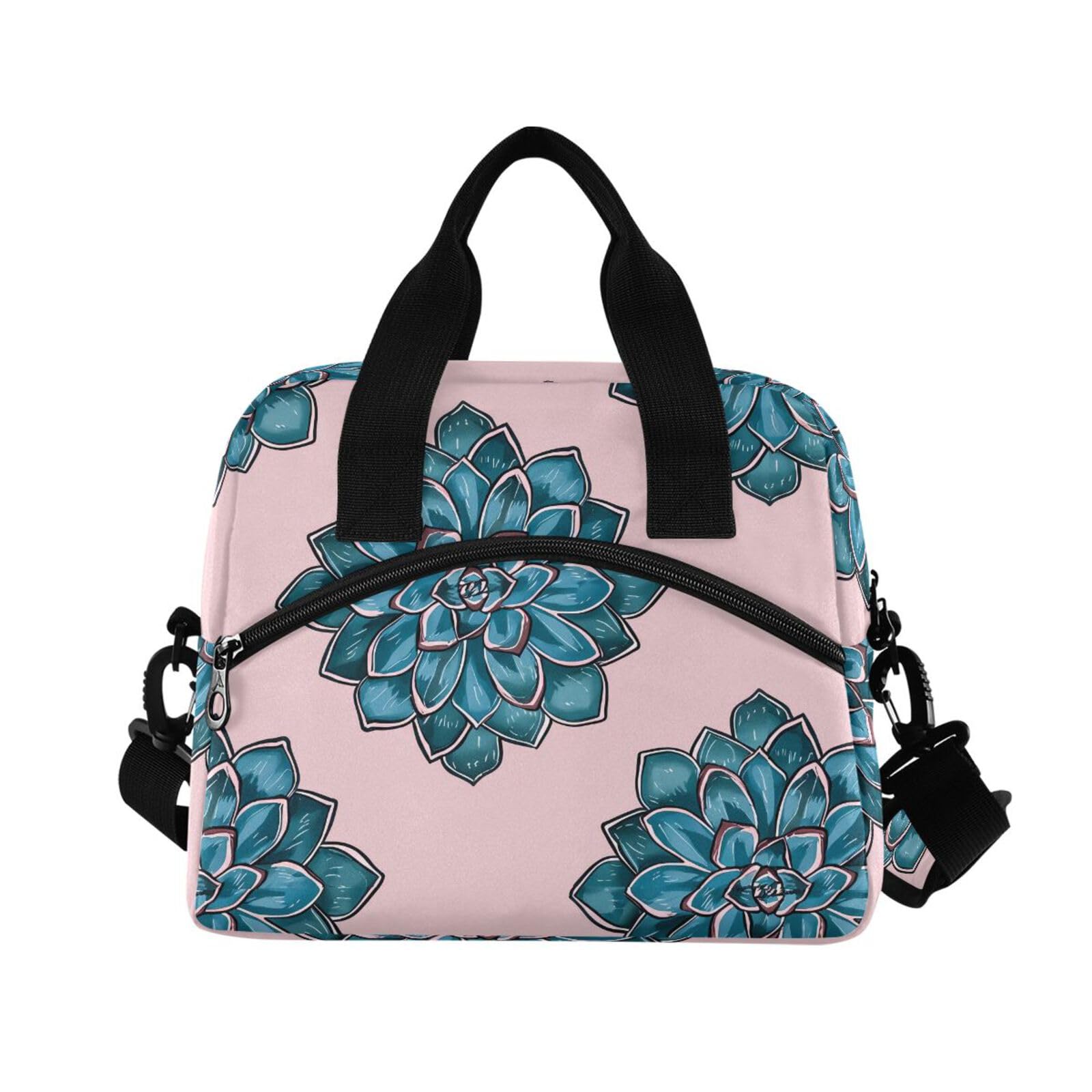 Sinestour Insulated Lunch Bag Reusable Cooler Pink Succulent Plant Lunch Box Adjustable Shoulder Strap for School Men Women