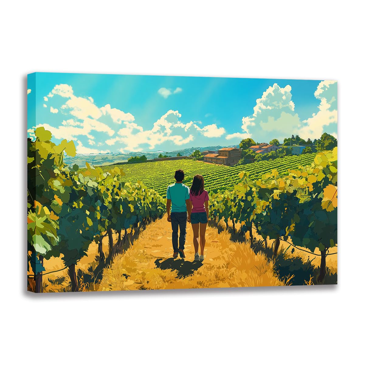 Stampa artistica da parete, motivo: una giovane coppia che cammina nel vigneto Piemonte, stile animazione, arte su tela per la decorazione della casa (1,80 x 120 cm (senza cornice)