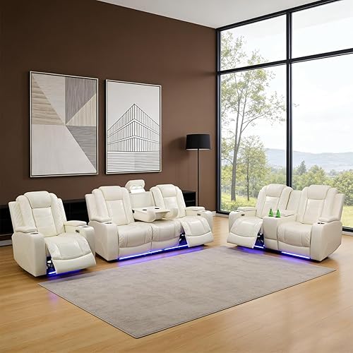 Miniatura 18 de Juego de sofá reclinable eléctrico para sala de estar, juego de sofá reclinable de cuero con luces LED, puertos USB, almacenamiento oculto, juego de