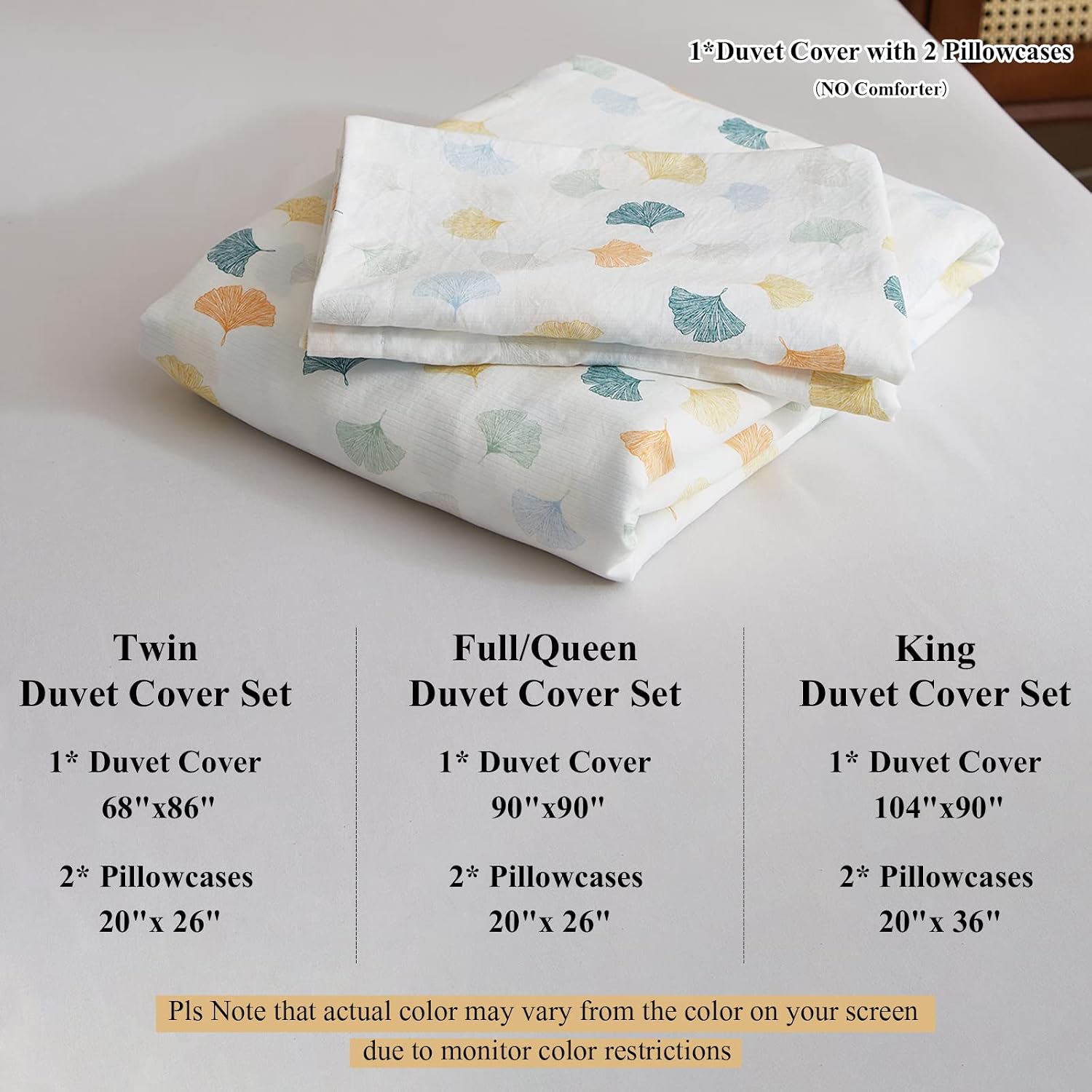 EAVD Colorful Ginkgo Leaves Pattern Duver Cover Twin Soft Microfiber White Bedding Set 1 Twin Size Duvet Cover with 2 Pillowcases Fresh Leaves Bedding Duvet Cover with Zipper Closure Corner Ties