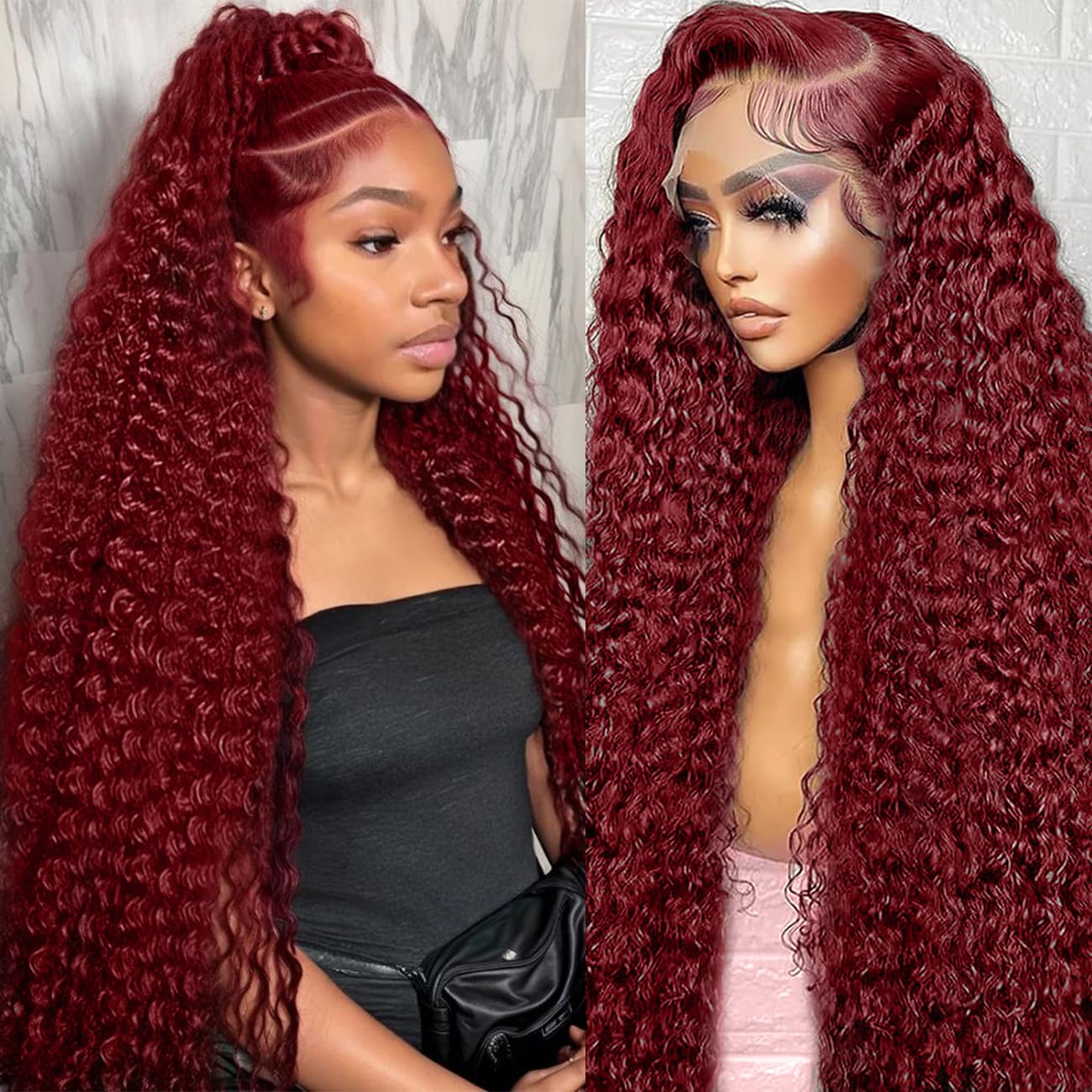 Burgundy Wig Human Hair 99j Burgundy 13x6 Deep Wave Lace Front Wigs Human Hair Pre Plucked HD Transparent Lace Frontal Wigs for Black Women Red Colored Wig 16 Inch
