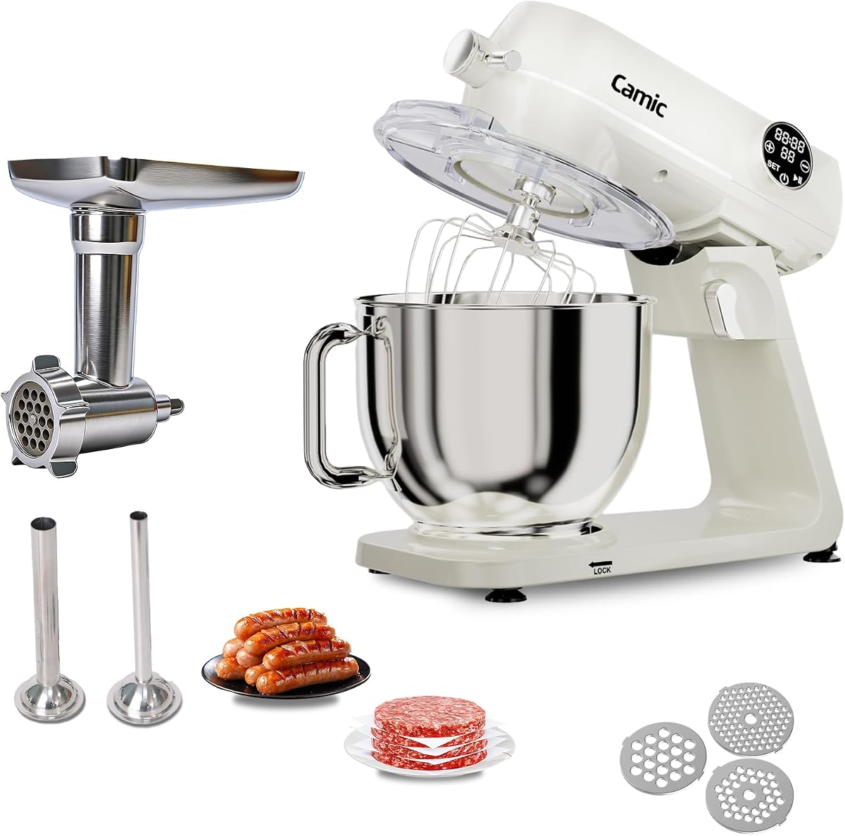 8.45 QT Mezclador de soporte de metal con accesorio de molinillo, mezclador de cocina de gran capacidad de 10 velocidades con temporizador digital y cabezal basculante, mezclador eléctrico con batidor de mezcla de gancho de masa batida