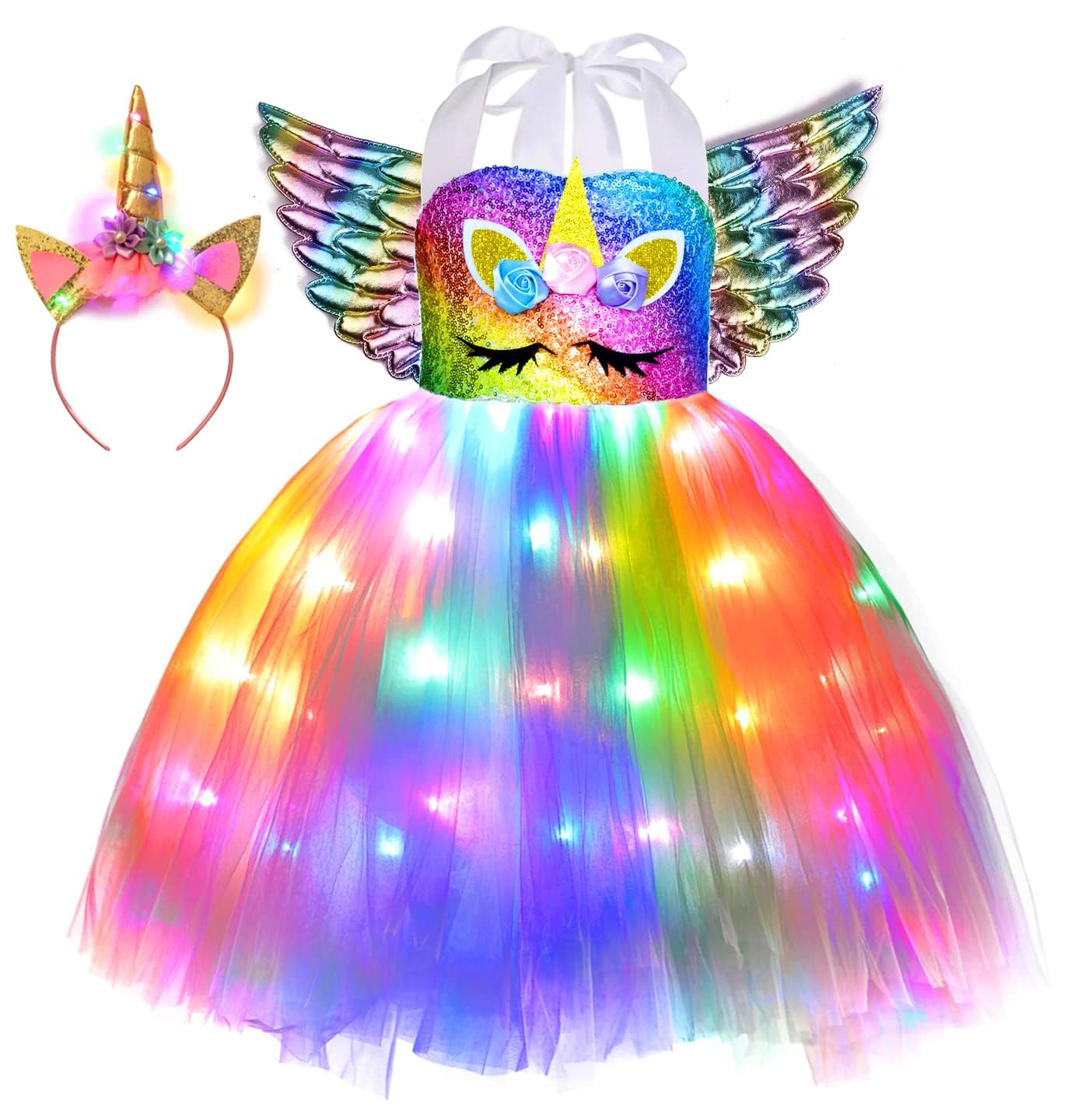 Halloween LED Unicorn Costume for Girls Rainbow Pink Light Up Tutu Dress with Headband Birthday Holiday Party