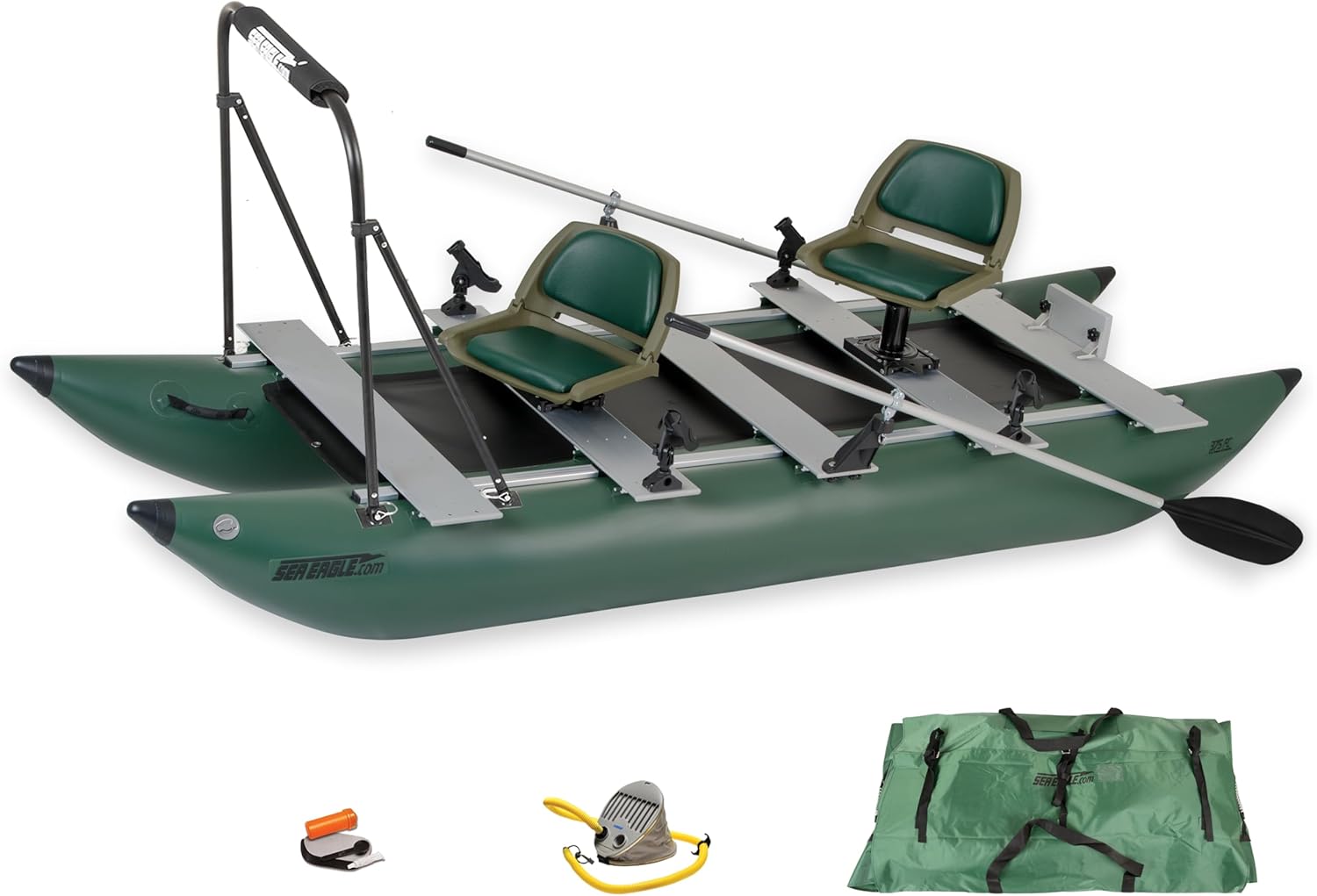 Sea Eagle 375fc FoldCat 1-2-Persons Inflatable Fishing Pontoon Boat, Lightweight & Portable, w/2 Green Swivel Seats, Pedestal, Oar Set, Scotty Rod Holders, Boat Bag, & Pump