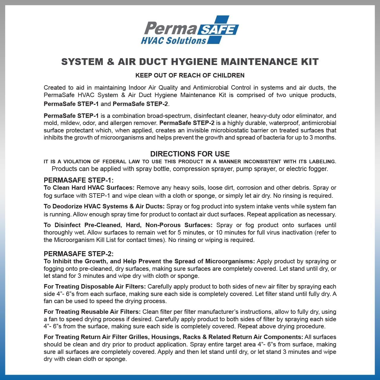 PermaSafe HVAC Solutions, System & Air Duct Hygiene Maintenance Kit, Preserves IAQ, Keeps Systems Free from Microbial Growth, other Contamination, Odors and More