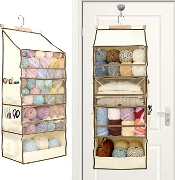 Yarn Storage Organizer with Clear Compartments Large Capacity Hanging Yarn Storage Bag for Crochet & Knitting Supplies, Features 4 Zipper Pockets & 3 Side Needle Holders for Crafters