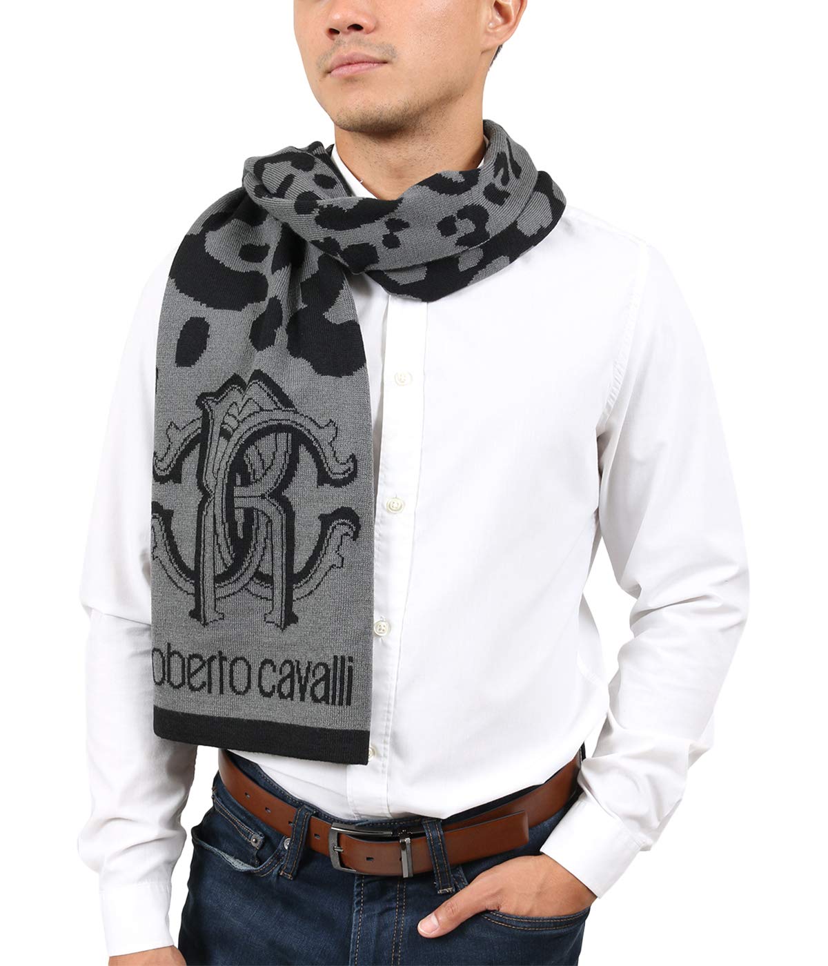 Roberto Cavalli ESZ030 05001 Grey Wool Blend Leopard Print Mens Scarf for mens