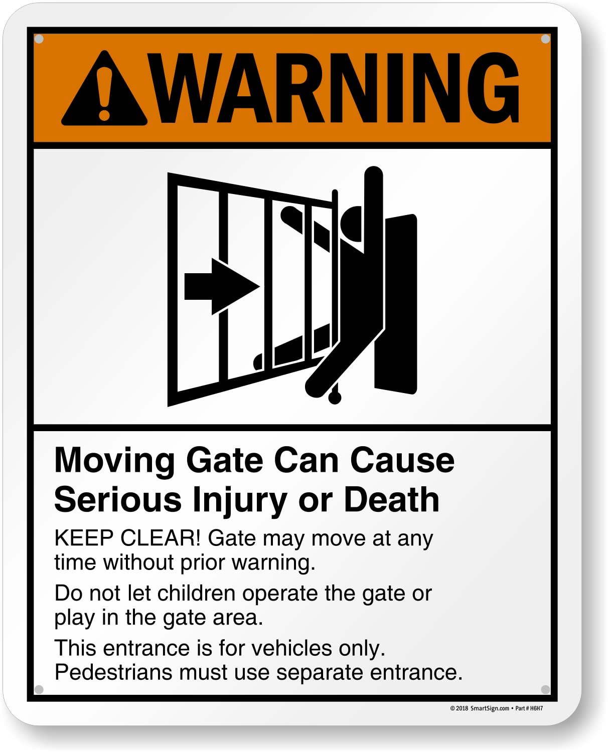 SmartSign 18 x 12 inch “Warning - Moving Gate Can Cause Injury Or Death” Metal Sign, 63 mil Laminated Rustproof Aluminum, Black, White and Orange, Made in USA — Amazon image 6
