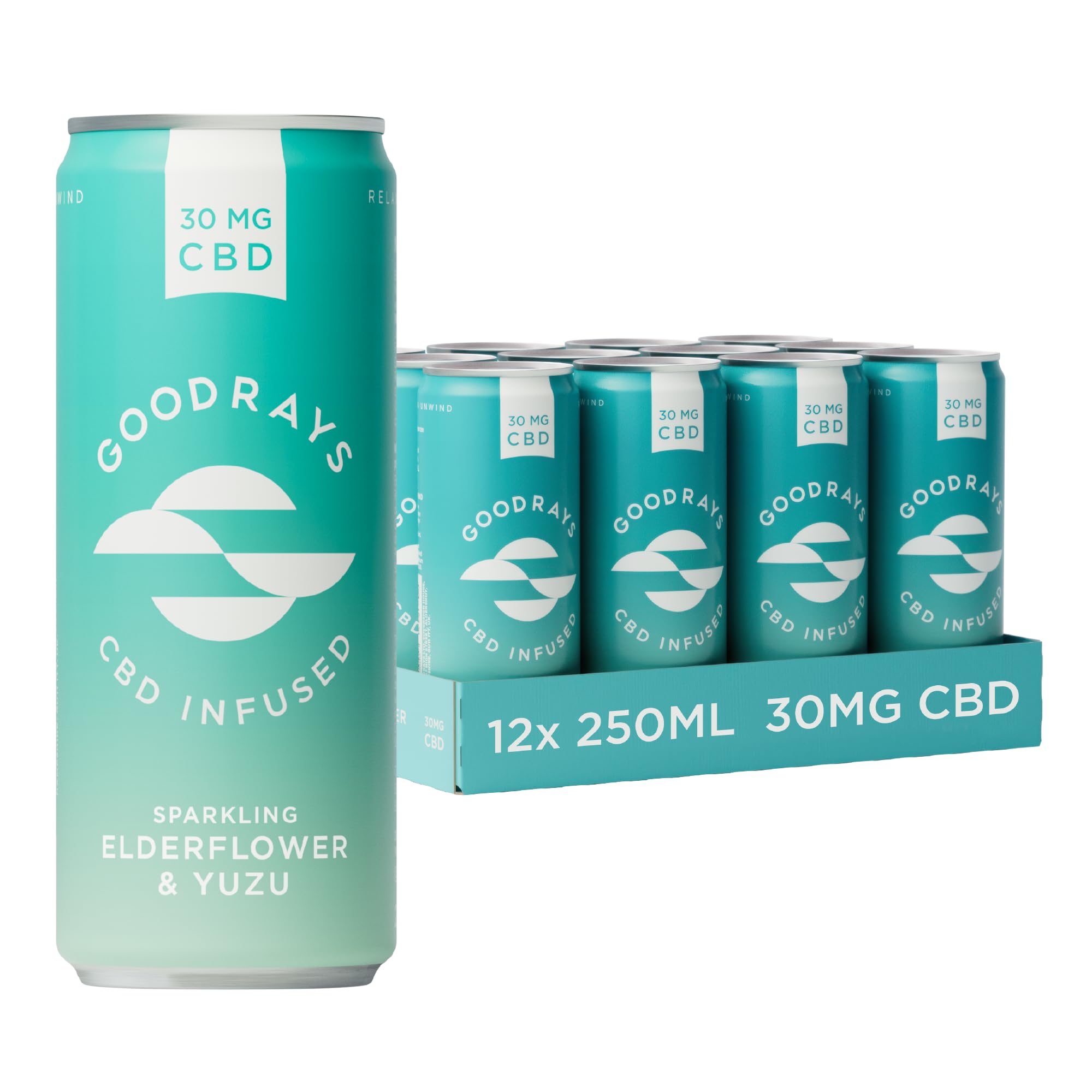 GOODRAYS CBD Drinks, Sparkling Low Calorie Soft Drink, Vegan, Elderflower & Yuzu, 12 x 250ml Cans, Packaging May Vary