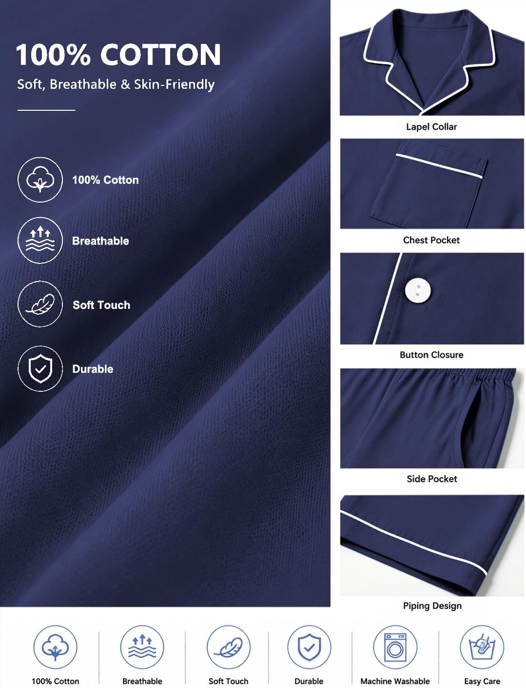 SWOMOG 100% Cotton Men Pajamas Set Button Down Short Sleeve Sleepwear Loungewear Pjs Set with Pockets