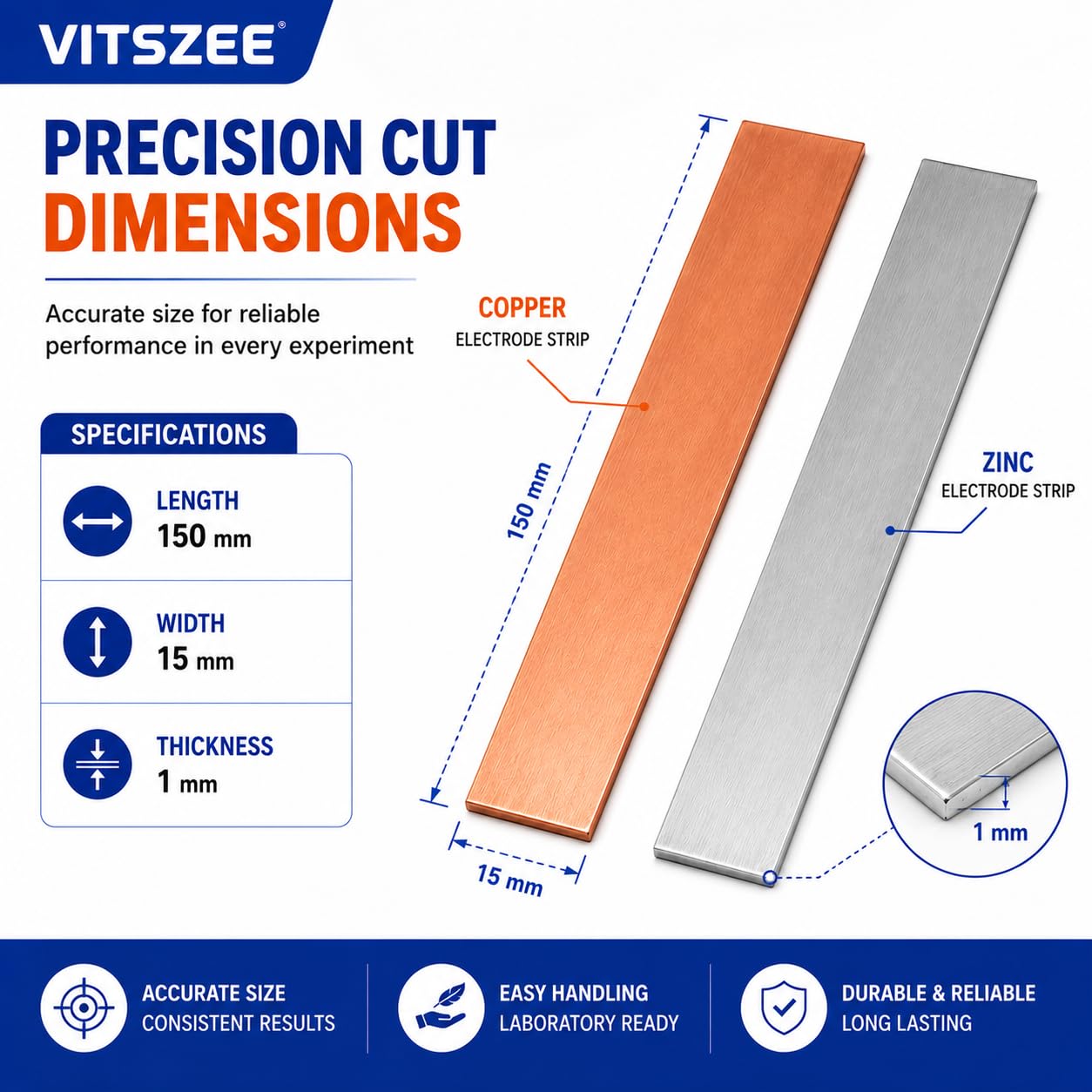 VITSZEE Zinc Copper Electrode Strip Set (150mm x 15mm x 1mm) | High Purity Strips for Electroplating, Electrochemistry, Electrolysis, Galvanic Cell, STEM Science Experiments & Laboratory Use 2