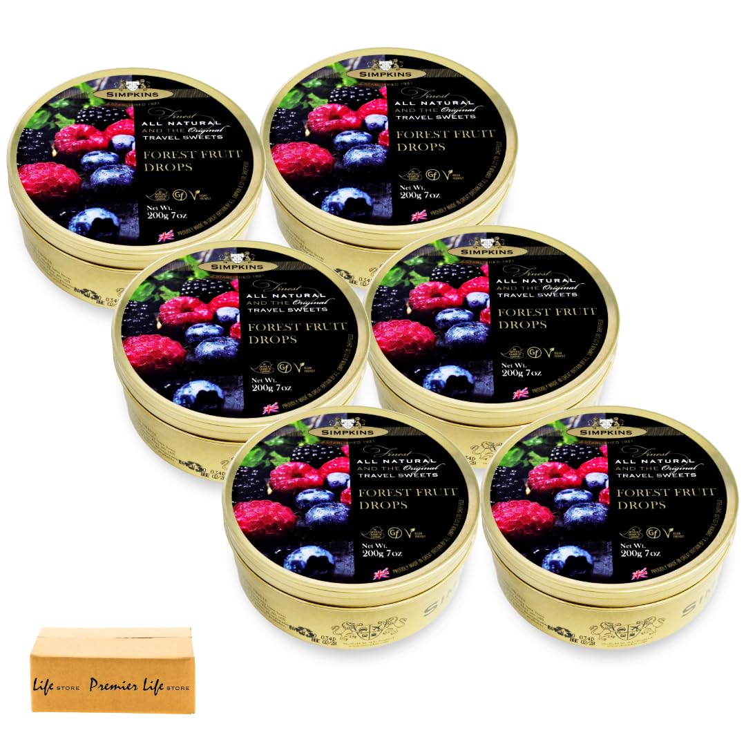 Simpkins Forest Fruit Drops Sweets, Traditional English Travel Sweets, 200g, 6 Pack, Vegan, Gluten-Free, In Premier Life Store Box