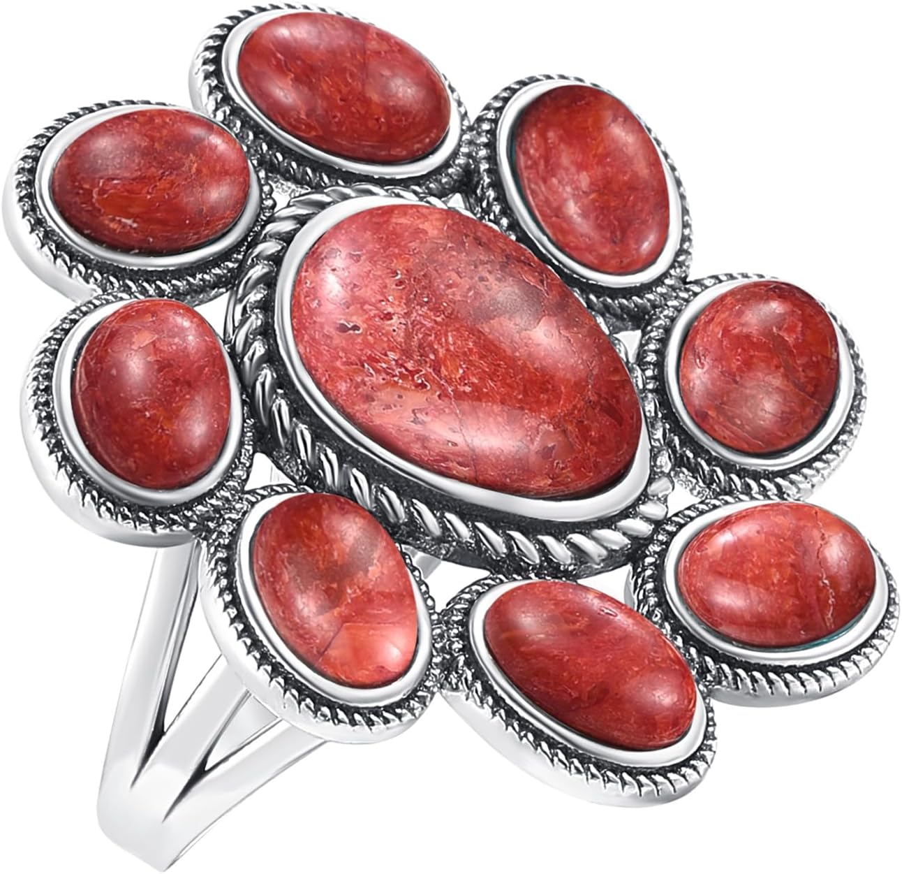 Turquoise/Coral Ring Women's 925 Sterling Silver Turquoise Statement Rings Boho Style Oxidized Silver Flower Ring Valentines Gifts Size 6-10