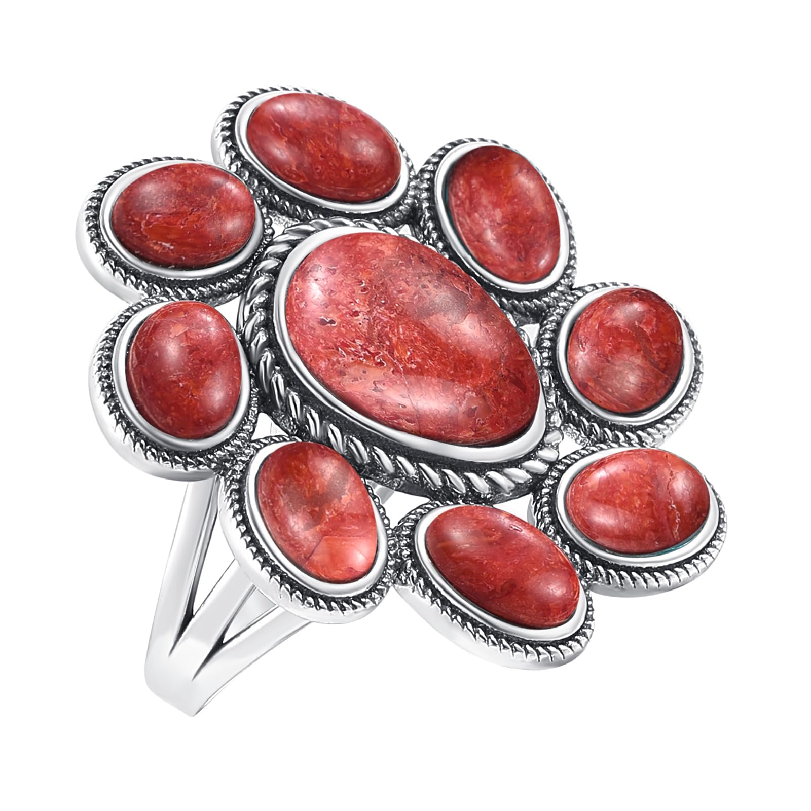 Turquoise/Coral Ring Women's 925 Sterling Silver Turquoise Statement Rings Boho Style Oxidized Silver Flower Ring Valentines Gifts Size 6-10