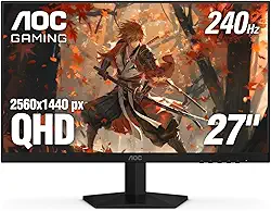 AOC Monitor para jogos Q27G41ZE 27 polegadas QHD IPS 2560 x 1440, 240 Hz 0,3 ms, console pronto para jogos, sem moldura de 3 lados, 1x HDMI 2.0, 1x porta de exibição, ponto zero brilhante de 3 anos