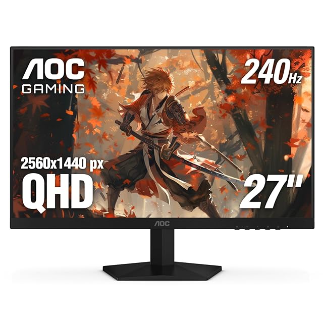 AOC GAMING Q27G41ZE 27-inch QHD 240Hz IPS gaming monitor with frameless three-sided black-and-red design on a tidy budget gaming desk, the panel displaying a fast-paced esports title at 240Hz showing the three-year zero-bright-dot warranty positioning