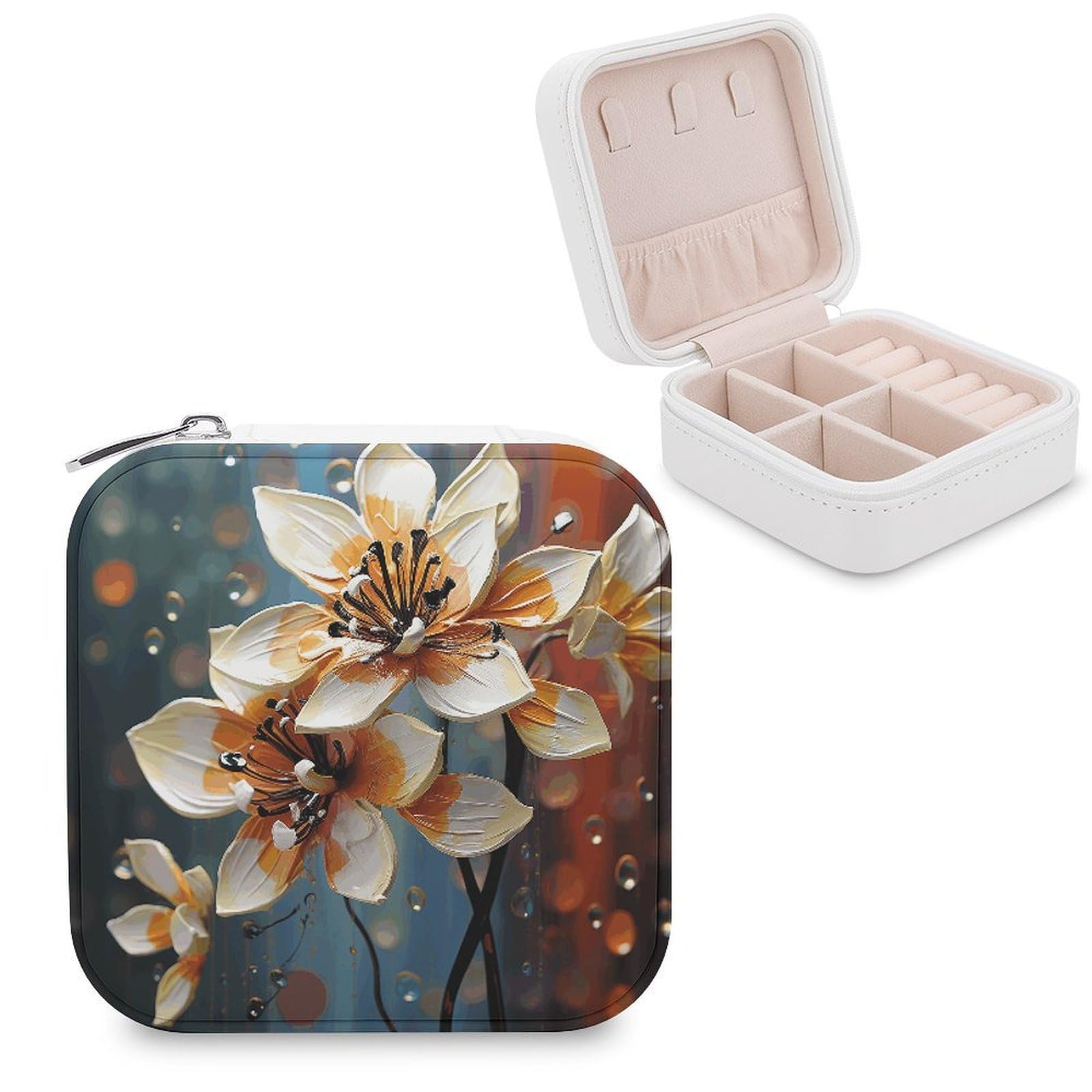 VstaDank Modern Flower Jewelry Box Portable Mini Travel Case Display Storage Holder Boxes PU Leather Small Jewelry Organizer for Women for Stud Earrings Rings Necklaces Bracelets