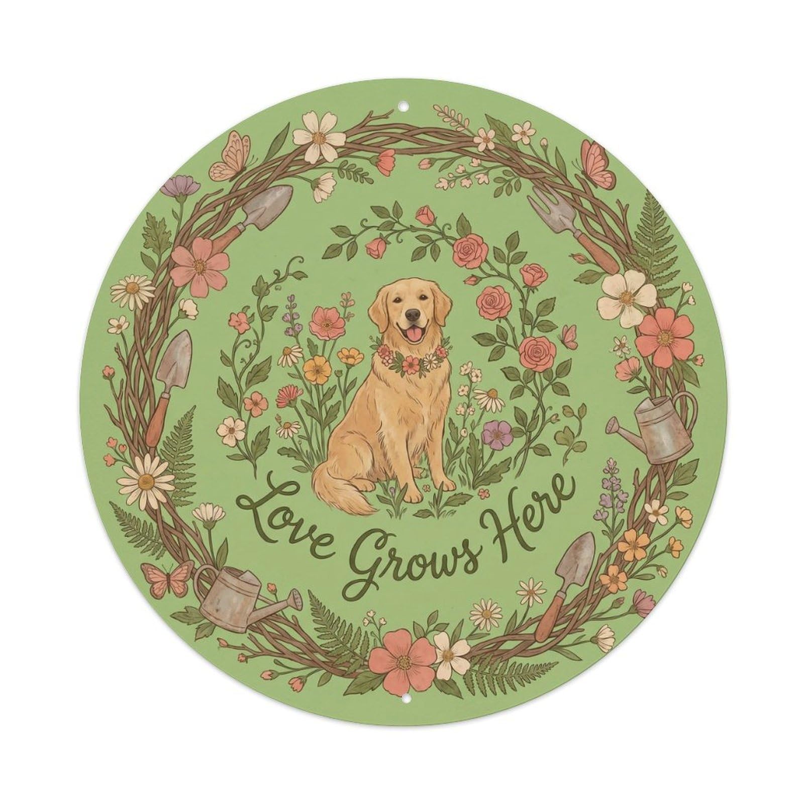 Vintage Love Grows Here Garden Decor Metal Tin Sign Plaque Wall Decor for Cafe, Club, Garden Round Metal Poster 8x8Inch