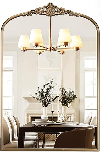 Espejo de oro antiguo arqueado, espejo vintage barroco tradicional de 24 x 36 pulgadas, espejo de latón de arco adornado para sobre fregadero,