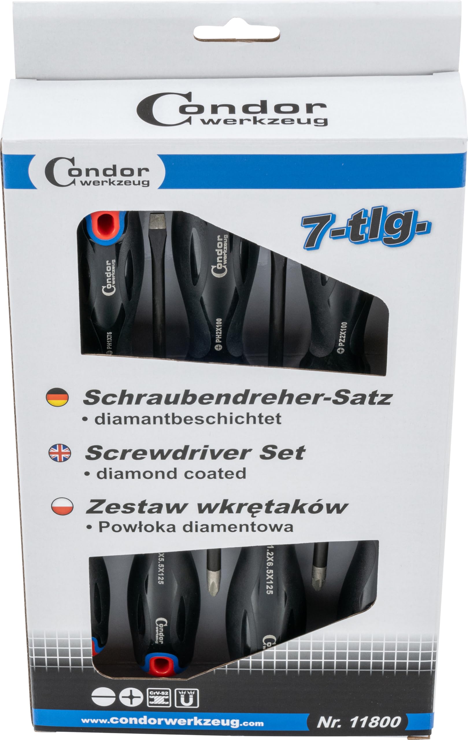 Condor Werkzeug 11800 - Set di cacciaviti a taglio + croce + PZ, 7 pezzi, rivestimento diamantato, magnetico