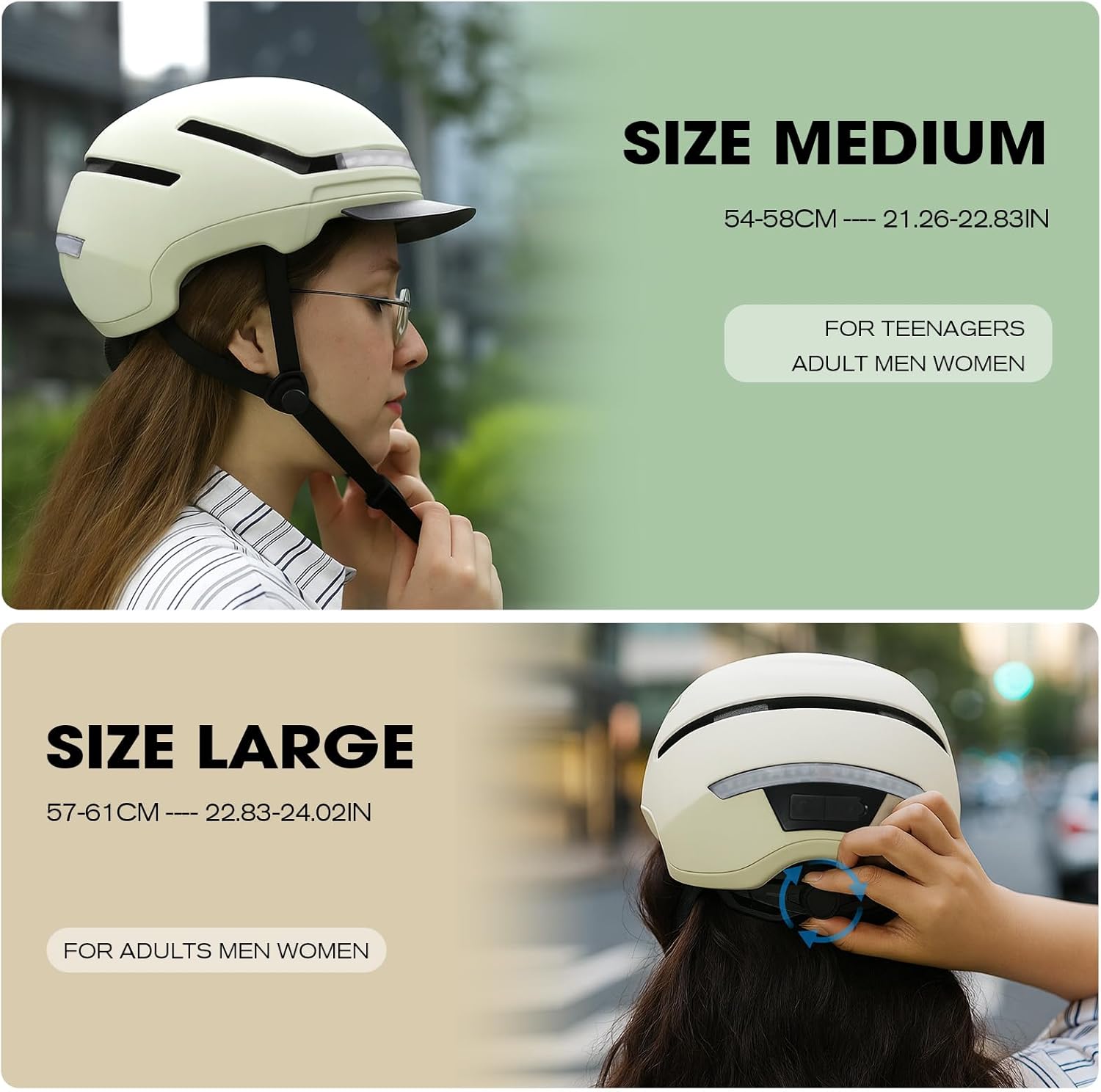 Images showing helmet sizing for Medium (54-58cm) and Large (57-61cm) with a person wearing the helmet
