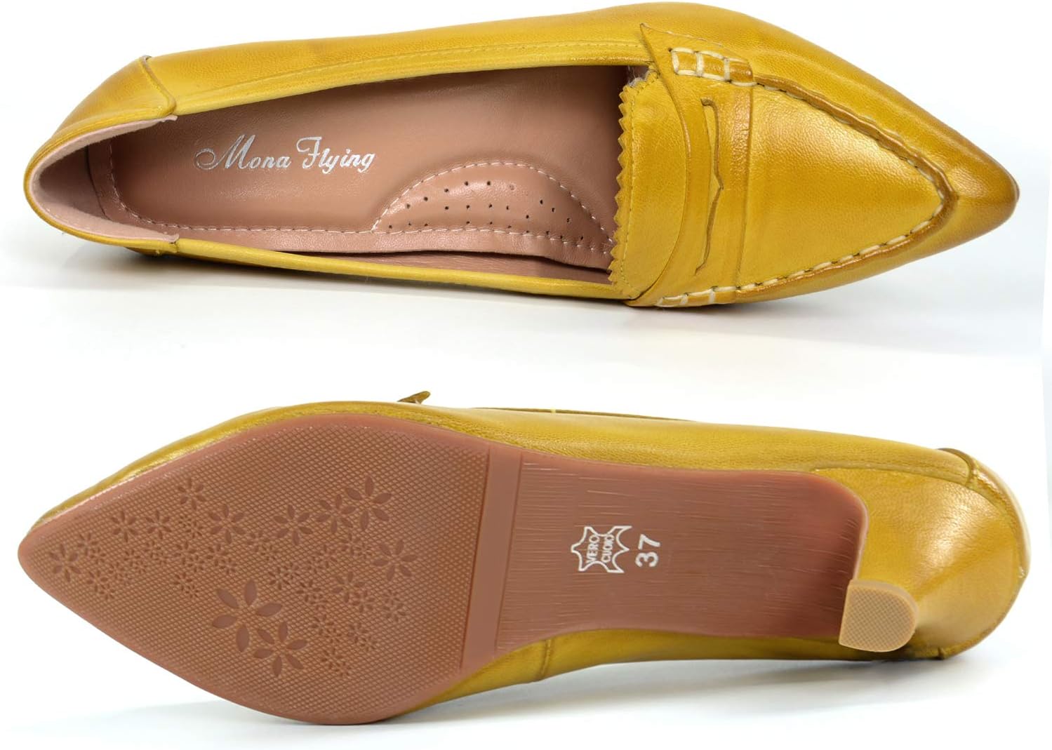 Mona flying Women's Leather Pump Med Heel Pointed Toe Office Dress Shoes for Ladies - Image 5