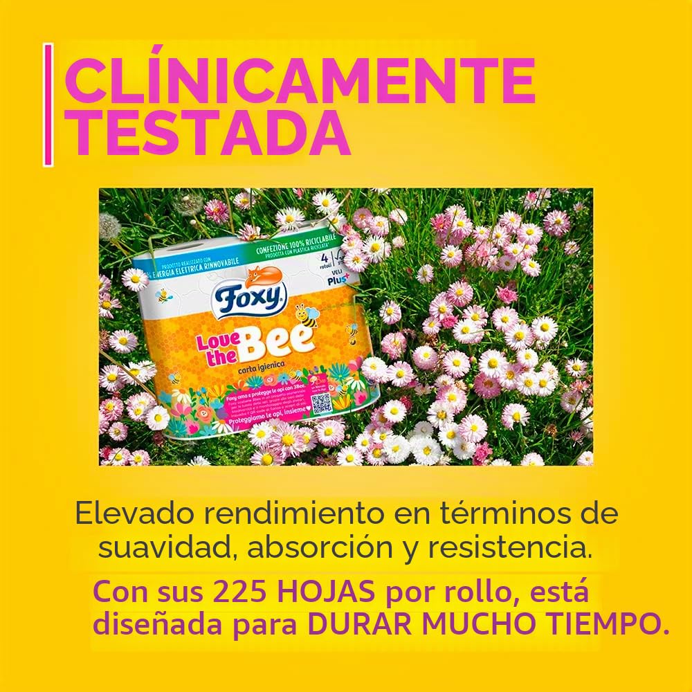 Foxy Love the Bee | Papel higiénico 56 rollos de 225 hojas | 2 capas de alto grosor | FSC | 100% energía eléctrica renovable | Embalaje fabricado con plástico reciclado