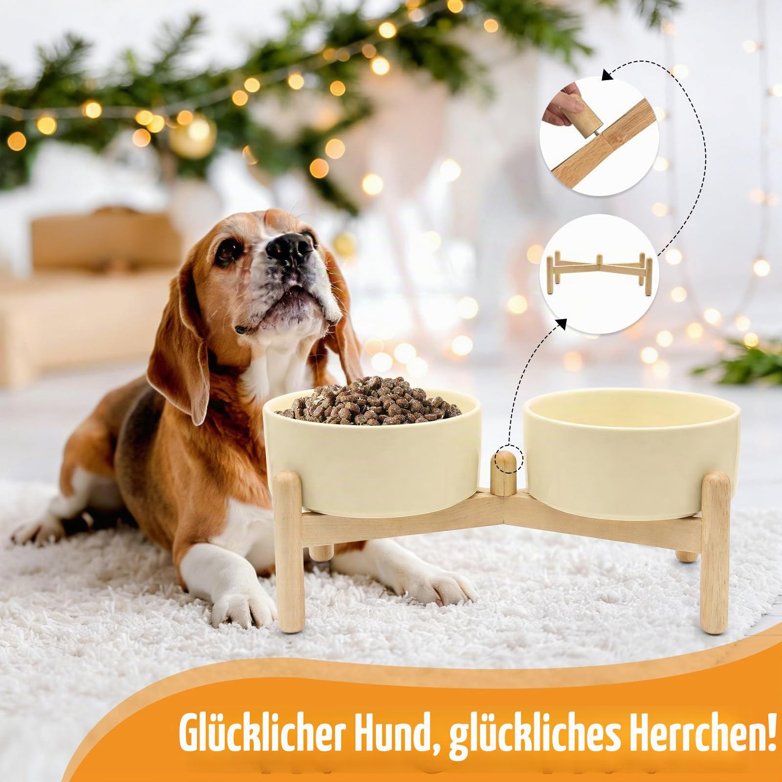 Erhöhter Keramik Hundenapf Set 2×850 ml Ø15,5 cm, Doppelnapf mit Holzständer rutschfest, Futternapf & Wassernapf spülmaschinenfest und mikrowellengeeignet, für kleine und mittelgroße Hunde & Katzen