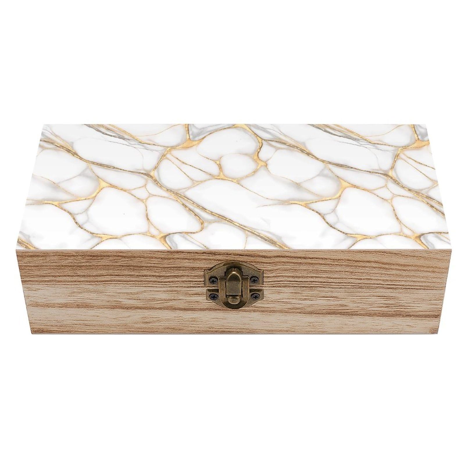 SMAZDFXX Gold Marble White Wooden Storage Box With Hinged Lid Decorative Front Clasp Keepsake Boxes