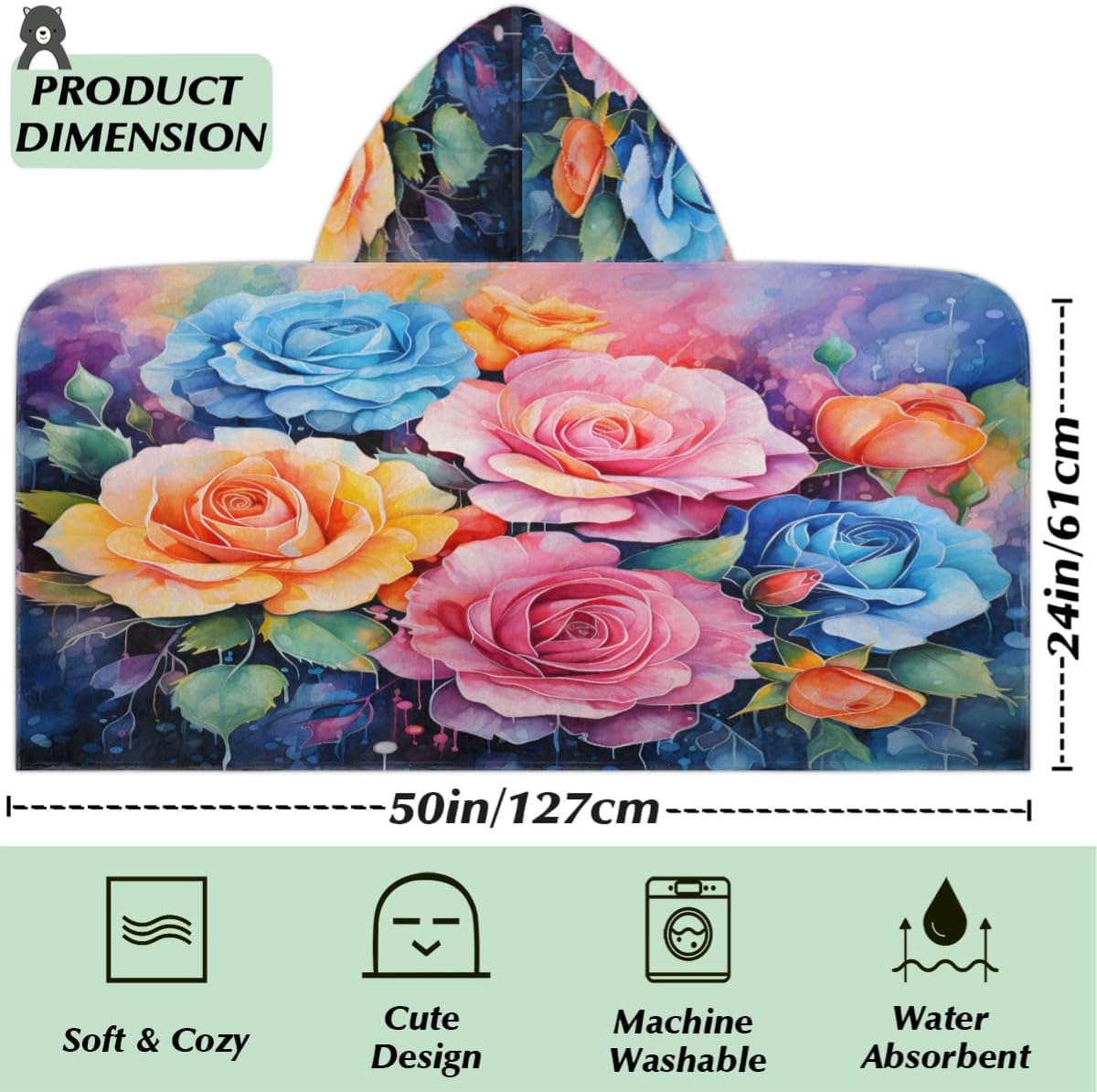 Pardick Kids Bath Towel Rainbow Flowers Beach Towel with Hood Pool Cover Up for Girls Boys Soft Absorbent Hooded Bath Towel Toddler Towels for Beach, Pool