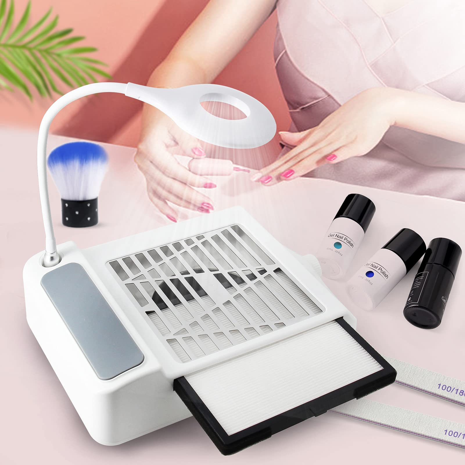 Aspirador Uñas de Escritorio para Pedicura y Manicura,con Lima de Uñas,Velocidad Ajustable,con Luz LED,sin Bolsa Antipolvo