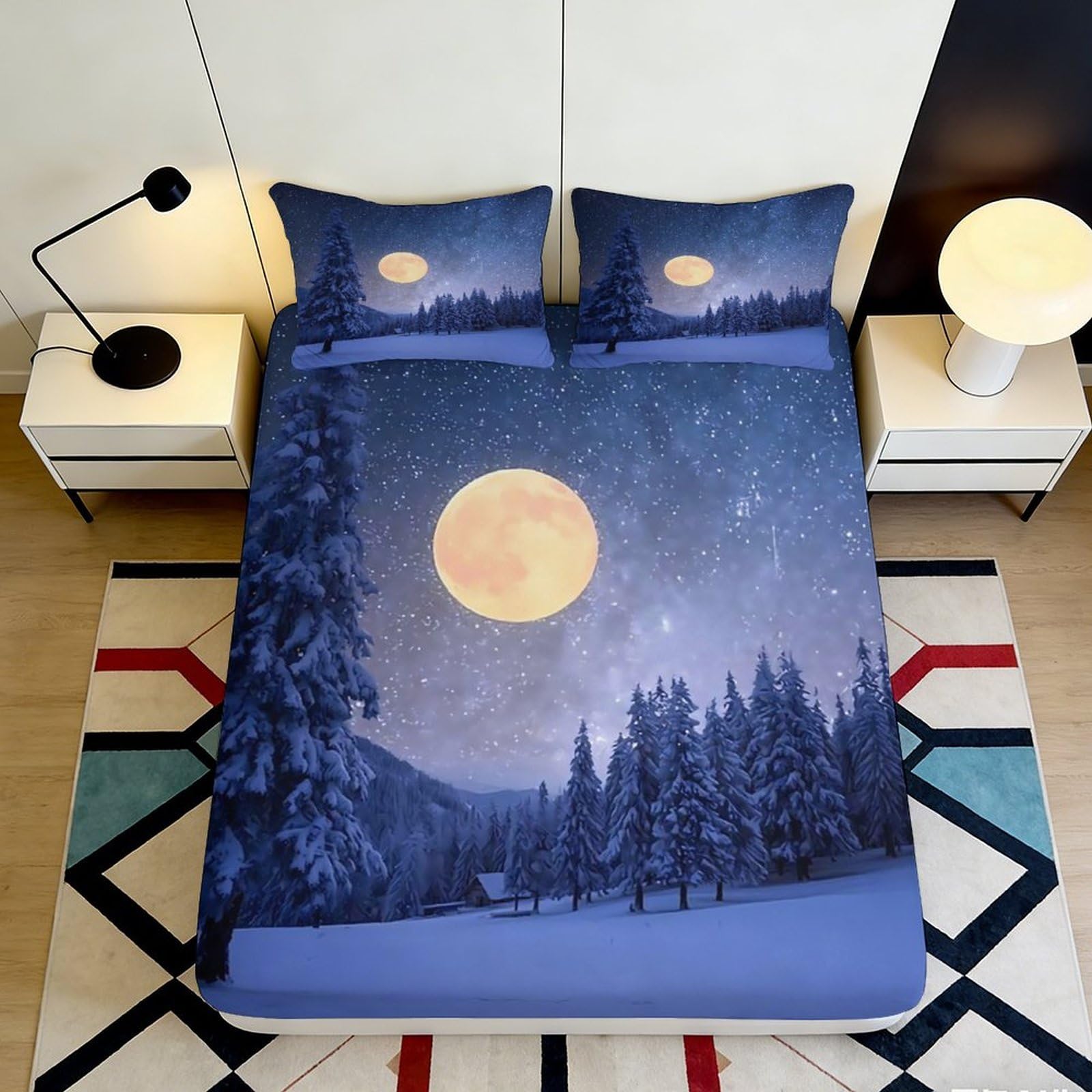 3D Printed Moonlit Forest Fitted Sheet Microfiber Soft Blue Night Sky Bed Cover for Bedroom Dorm Mattress Protection 120x200x25cm