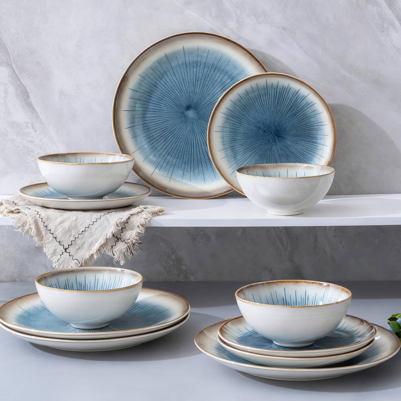 WHITEPEONY Blue Stoneware Dinnerware Set, 12 Pieces, Blue Stripe Marble, Dishwasher & Microwave Safe