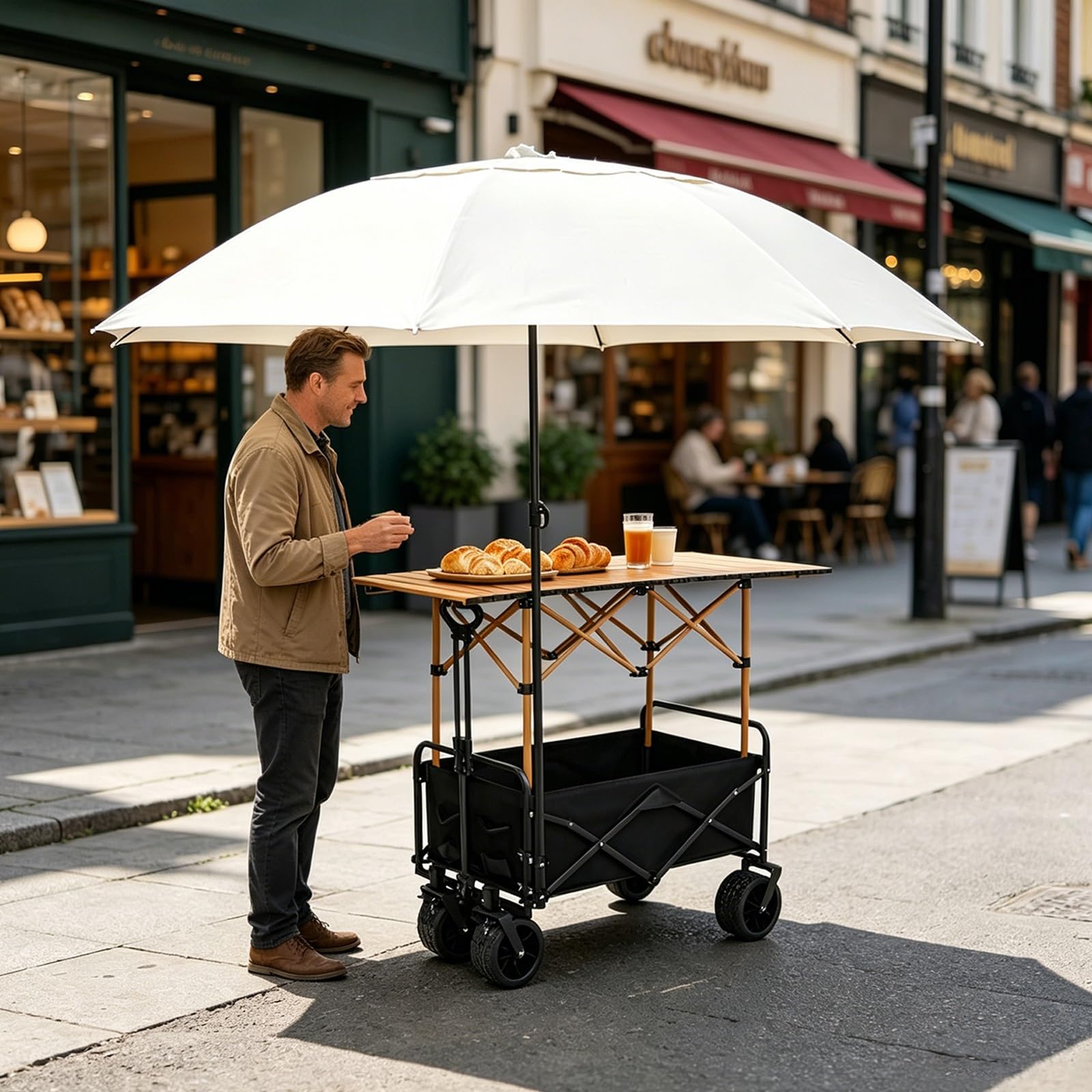 HARELA Genérico Puesto de Mercado con toldo, Móvil de Venta Ambulante de Comida, Carrito de Comida callejera con Ruedas para Puestos Callejeros, Ferias De Artesanía(White B)